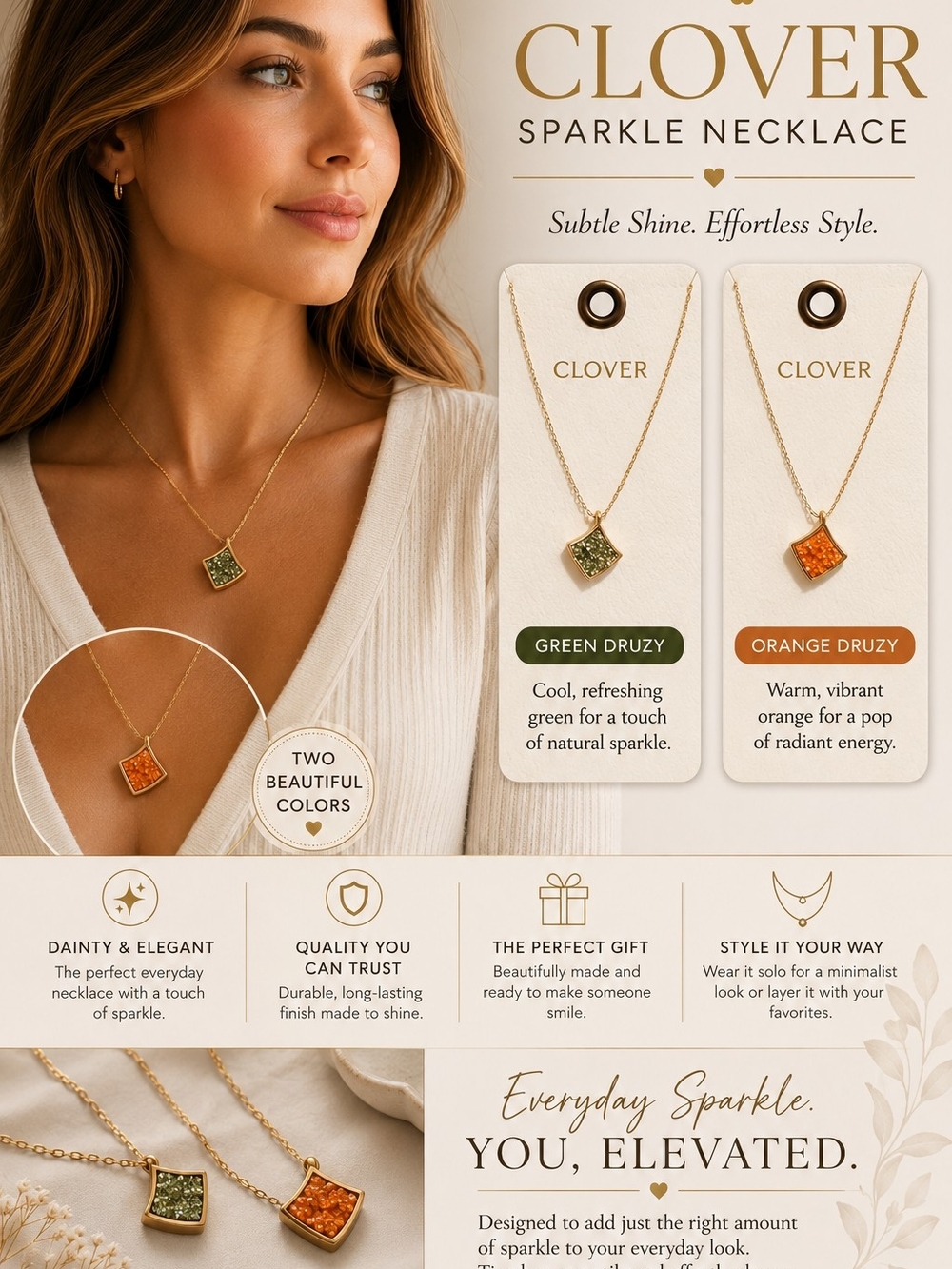 BUY NOW Love Clover Sparkle Druzy Necklace - Green and Orange Options